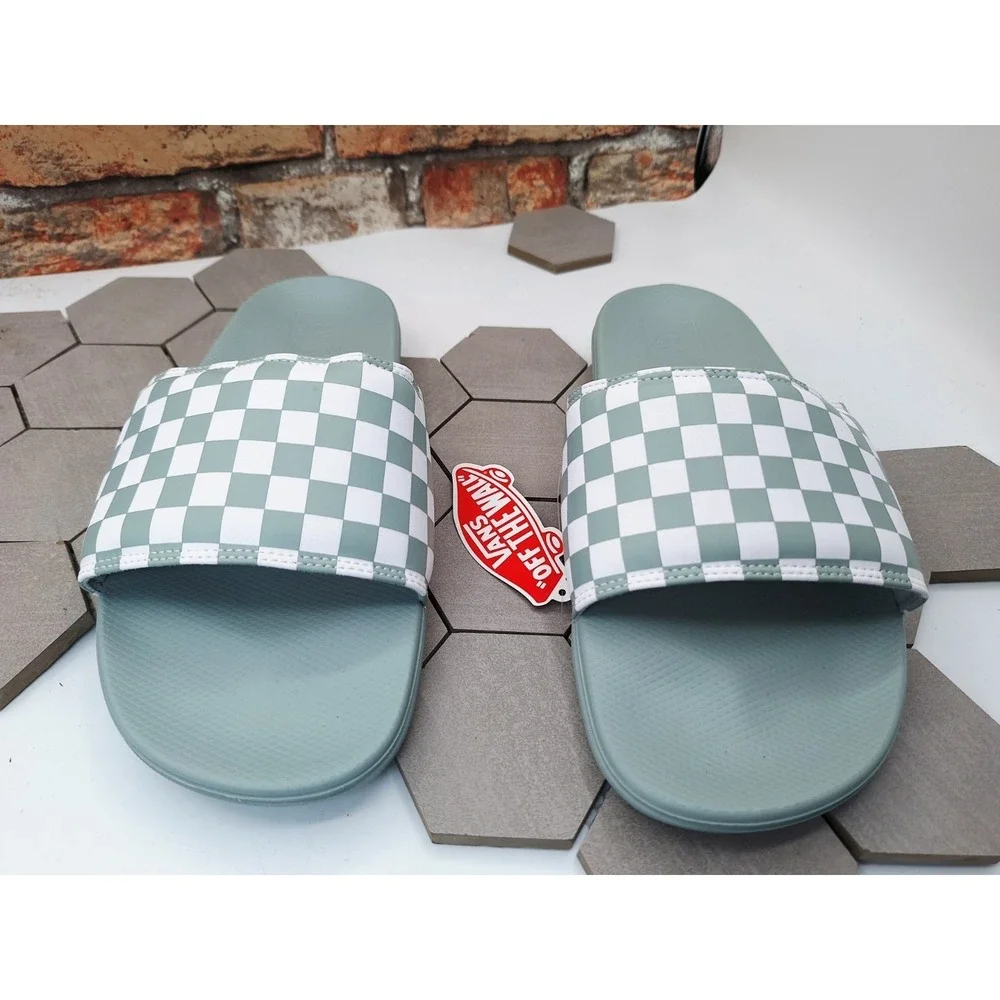 Vans La Costa Slide-On Checkerboard Mint Sage Green Men Sz 12 NWOB Sandals Grey